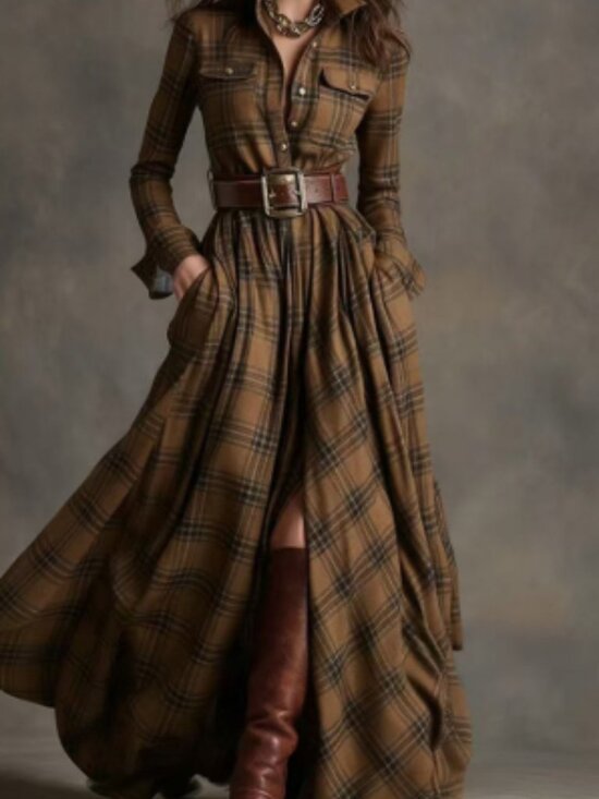 Dresses & Skirts - Women's Plaid Long Sleeve Shirt Dress